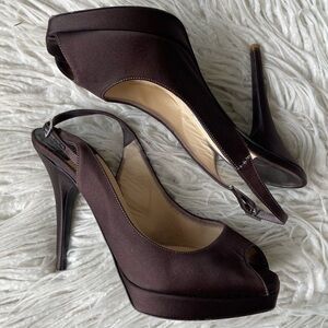 Jimmy Choo Brown Satin 010 Clue Peep Toe Square Platform Slingback Pumps Sz 37.5